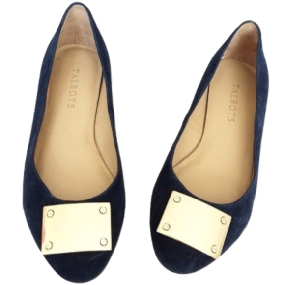 Talbots Shoes - Talbots Velvet Navy Flats with Gold Accent